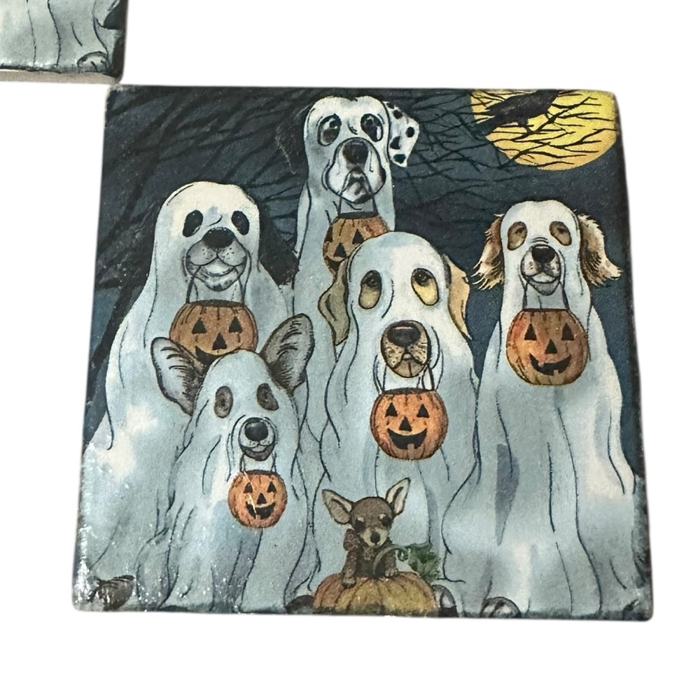Halloween Handcrafted Ghost Dog Coasters NWT - Picture 2 of 3
